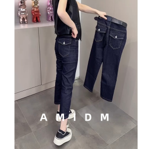 Deep Blue Fashionable Straight Leg Pencil Jeans High Waist Slimming Nine Tube Cuff Casual Washed out Womens Jeans