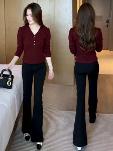 Fashion Suit Womens 2024 Early Autumn New Design Sense V Neck Belly Covering Slim Looking T-shirt Bootcut Trousers Temperament Twinset