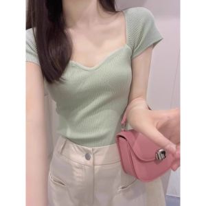 HUOLISI | Stylish Square Neck Short Sleeve Ice Silk Knit Top Pink