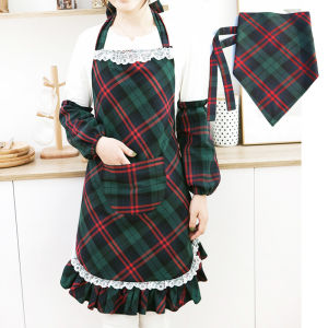 Checkered Apron Sleeve Covers Headscarf Korean Style Fashionable Ruffle Workwear Country Housework Cute Kitchen Dirt Resistant