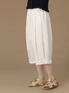 White Casual Pants for Girls Loose Seven-Foot Length with Wooden Edge Bells Childrens Clothing Cotton Blend Fabric Summer Wear