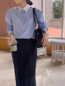 French Style Long Sleeve Pure Cotton Spring Autumn Loose Fit Polo Collar Blue Shirt Womens Unique Ageless Quality Fashionable Top