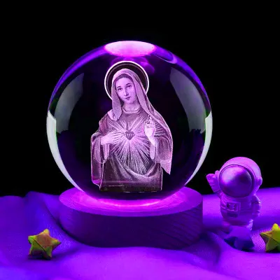 3D Virgin Mary Laser Engrave Crystal ball Colorful night light Religious gifts for womens birthdays Maria Christmas Decoratio