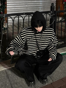 Casual Knitted Hat Sweatshirt Mens Spring Autumn Loose Lazy Style Long Sleeve Striped Sweater Youth Popular Trend Regular Fit