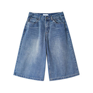 Mark Fairwhale | Vintage Plaid Stitched Denim Shorts Breathable Comfortable Loose Fit Straight Leg 3/4 Pants
