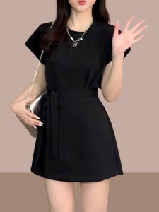 plus Size Waist-Cinching Dress Letter Print A-Line Mini Skirt for Women Summer Fashion Slimming High Waist Commute Style