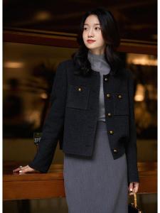 Xiao Han Ge Autumn New Arrival Double-Faced Woolen Short Coat Womens Fashion Commute Style round Neck Regular Length