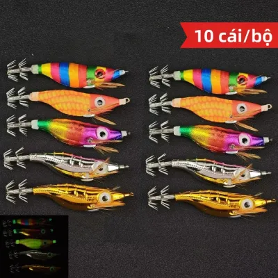 Bộ 10 Mồi Câu Mực Giả Phát Sáng Ngang 10cm Mồi Câu Tôm Câu Bạch Tuộc Mực Ống Nước Mặn Phát Sáng UV Trong Bóng Tối