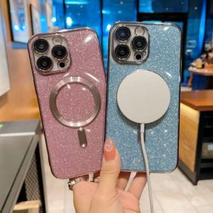 【New】6D Self-contained Lens Film Electroplated Glitter Powder Mgnetic Phone Case With Dustproof Net For iPhone 11 12 13 14 15 Series