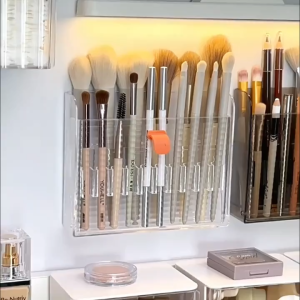 Space-Saving Wall-Mounted Cosmetic Organizer - Foldable Makeup Brush Holder with Multi-Compartment Storage - Durable Plastic Bathroom & Cabinet Organizer No Screws Needed Perfect for Behind Mirror Doors Makeup Storage Organizer