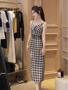 Zhang Yuan Same Style Womens French Style Retro Gingham Sling Dress Womens Summer Gentle Waist-Tight Slimming Midi Dress