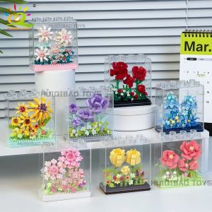 HUIQIBAO MOC ช่อดอกไม้ดอกทานตะวันกระถางต้นไม้ Micro Building Blocks ดอกไม้นิรันดร์รุ่น DIY หน้าแรกตกแต่งโต๊ะอิฐของเล่นของขวัญ