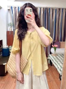 Yellow Bubble Sleeve Loose Short Sleeve Shirt Women Summer Thin Elegant Beautiful Design Sensation Doll Shirt Top