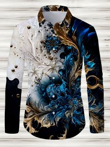 LVLAEA Mens Printed Pattern Shirt Long Sleeve Lapel Button Up Cotton Shirt for Autumn Luxury Style Trendy Fashion Tated Shirt
