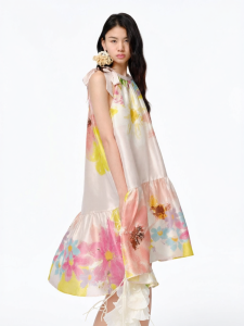 XIAOLI | Stylish Elegant Silk Print Halter Neck Maxi Dress