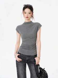 iiiamx | Butterfly Sleeve Half-High Collar Regular Shoulder Fitted T-Shirt Gray