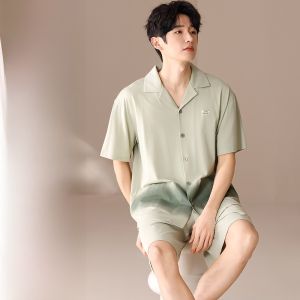 Miiow | Lightweight Breathable Summer Pajamas Mens Home Clothes Short Sleeve Cotton Blend Ice Silk Comfortable Sleepwear For Youth