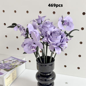 469Pcs Purple Rose and Phalaenopsis Building Block Flower Bouquet Set DIY Assembled Eternal Flowers Home/Office Decoration Creative Flower Bouquet Assembly Model Exclusive Gift for Plant Enthusiasts Gift for Girls
