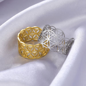 Fashion Aesthetic Geometric Flower of Life Rings for Women Open Religious Amulet Stainless Steel Jewelry Gifts Wholesale 2024