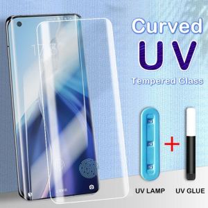 สนับสนุนลายนิ้วมือ UV สำหรับ Samsung Galaxy Note 20 10 9 8 S25 S24 S23 S22 S21 S20 Ultra S10 S9 S8 Plus UV Liquid ปลดล็อคลายนิ้วมือ โค้งเต็มรูปแบบกระจกนิรภัยป้องกันหน้าจอฟิล์ม
