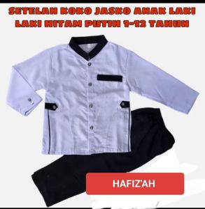 setelan baju koko jasko muslim kancing full anak laki laki lengan panjang baju putih celana hitam