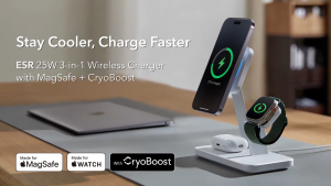 ESR 15W 3-in-1 Charger Stand for Wireless Charger with MagSafe + CryoBoost Made for Apple-Certified MagSafe Wireless Charger 15W Charging Station for iPhone 18/17/16/15/14/13 Apple Watch/AirPods Pro Phone-Cooling Charger