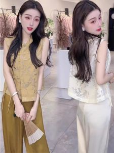 New Chinese Style Summer Set Womens Sleeveless Vest Top Half Skirt Salt System Maturity Two-Piece Suit V-Neck Button Closure