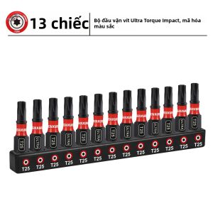 Bộ Mũi Vặn Vít Geinxurn Impact 1/2 Từ Tính T25 Thép S2 Đầu Sao Có Đế Mã Màu Và 1 Hộp Đựng Mũi Vít