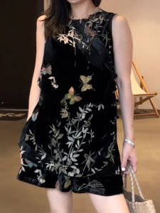 Shalldoer | Retro Summer Fashion Print Buttonless Sleeveless Shirt Casual Shorts Two-Piece Set Womens Clothing Round Neck Casual Style