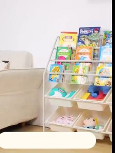 Kids Bookshelf Toy Organizer Storage Rack Metal Bookshelf Movable Wookshelf with Wheels Multi-Layer Display Bookcase