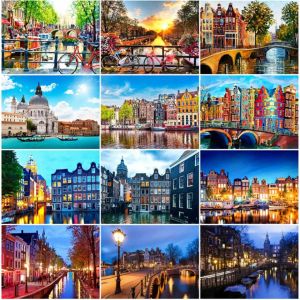 ชุดภาพวิวปักเพชร5มิติภาพวาดเมืองภาพโมเสคพลอยเทียมทรงสี่เหลี่ยมเต็มถนนงานหัตถกรรม