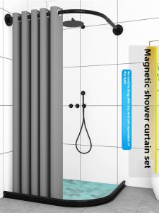 Waterproof Bathroom Shower Curtain Set L-Shaped Arc Magnetic Absorption No Drilling Required for Wet And Dry Separation