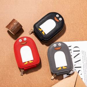 Cute Penguin Card Holder Womens Compact Wallet Multi-Card Slot ID Document Bag Coin Purse Color Block Cartoon Design