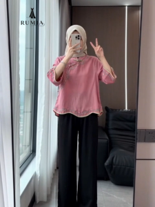 RUMIA Women Chinese Style Embroidery Blouse Elegant Floral Printed Loose Fit Short Sleeve Top Mandarin Collar Casual Muslim Fashion WearREADY STOCK