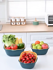 Set 6 món rổ kèm chậu bộ 3 rổ và chậu thau nhựa rửa rau củ đựng hoa quả trái cây 2 lớp hình tròn chất liệu nhựa PP