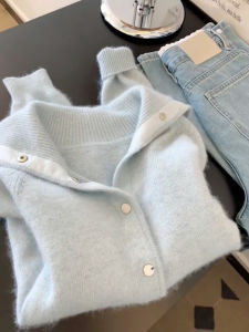 Soft Blue Long Sleeve Collared Sweater Womens Autumn Lazy Style Comfortable Warmth Fluffy Knit Top Half High Neck Regular Length