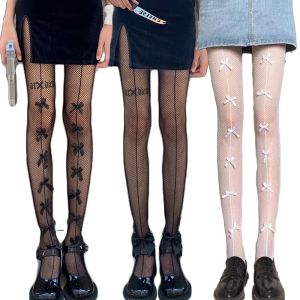 ผูกโบว์สีดำสีขาวถุงน่องตาข่ายถุงน่องตาข่ายยาวเซ็กซี่โลลิต้าถุงน่องตาข่ายลูกไม้ JK