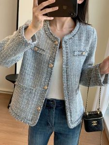 Iceland Grey Blue! Handmade Coarse Tweed Loose Womens Jacket Spring New Style Elegance Top Long Sleeve round Neck Short Coat