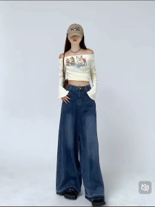 Retro blue wide-leg jeans for women summer loose new high waist drape raw edge mopping pants