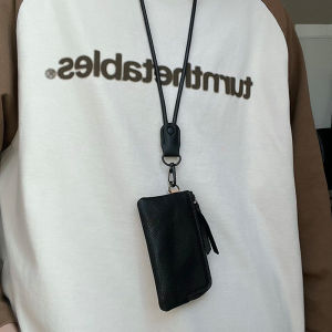 กระเป๋าห้อยคอหนังวัวสีดำย้อนยุค-ผู้ถือบัตรมินิและ Dompet Koin กระเป๋าใส่กุญแจลำลองสำหรับใช้ในชีวิตประจำวัน