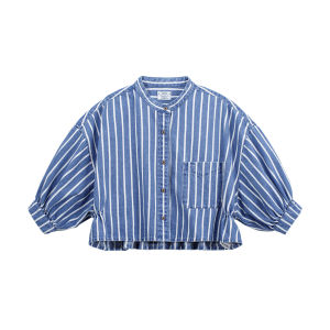 MADEN | Áo Vintage Cổ Cao Tay Lồng Sọc Xanh Ngắn