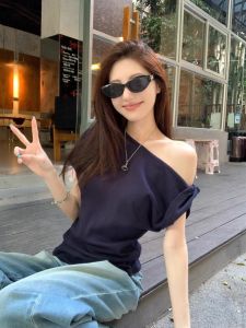 Retro Shoulder Design Short Sleeve T-Shirt Women Summer Elegant Versatile Loose Knot Top Commute Style Regular Length
