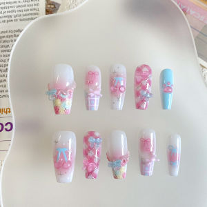10pcs pure handmade coffin shaped nail art beautiful fake nails playful pink white blue nail art suitable for women to use