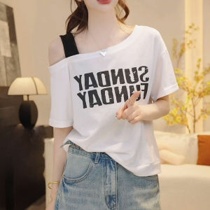 Shalldoer | Áo thun nữ tay ngắn mùa hè phong cách Hàn Quốc màu tương phản chữ cái vai chéo thiết kế đa năng thời trang thường ngày chống lão hóa in họa tiết