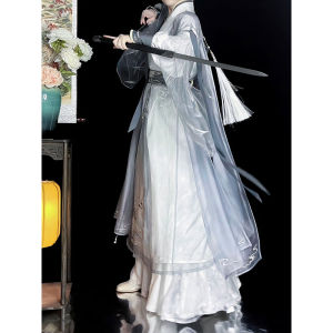 ชุดฮันฟูสไตล์จีนสำหรับผู้ชายและผู้หญิงในช่วงฤดูร้อนปี 2024 ชุดฮันฟูสไตล์จีนโบราณเอวสูงคอวีผ้าโพลีเอสเตอร์