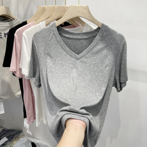 Purpleflower Holly Leaf Summer New Arrival Pure Color Minimalist Chic V Neck T-shirt Female Short Slimming Basic Style Casual T-shirt Top