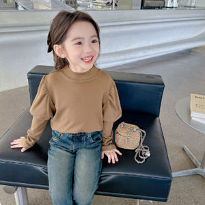 Girls Bubble Sleeve Base Shirt Casual Autumn Style Childrens Top Cotton Blend Long Sleeve T-Shirt for Small to Medium Kids