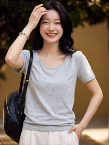 Basic House | Áo Thun Nữ Cổ Chữ U Tay Ngắn Lyocell Tencel Dáng Rộng