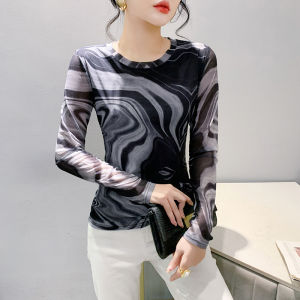 REHIN เสื้อยืดแขนยาวสลิมฟิตผ้าตาข่ายเป็นลอนสำหรับผู้หญิง2024ฤดูใบไม้ร่วง/ฤดูหนาวแฟชั่นคอกลมหรูหรา