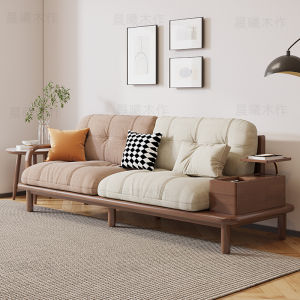 Scandinavian Cloud Solid Wood Sofa Japanese Style Silent Style Straight Row Sofa Minimalist Living Room Small Apartment Cream Fabric Sofa